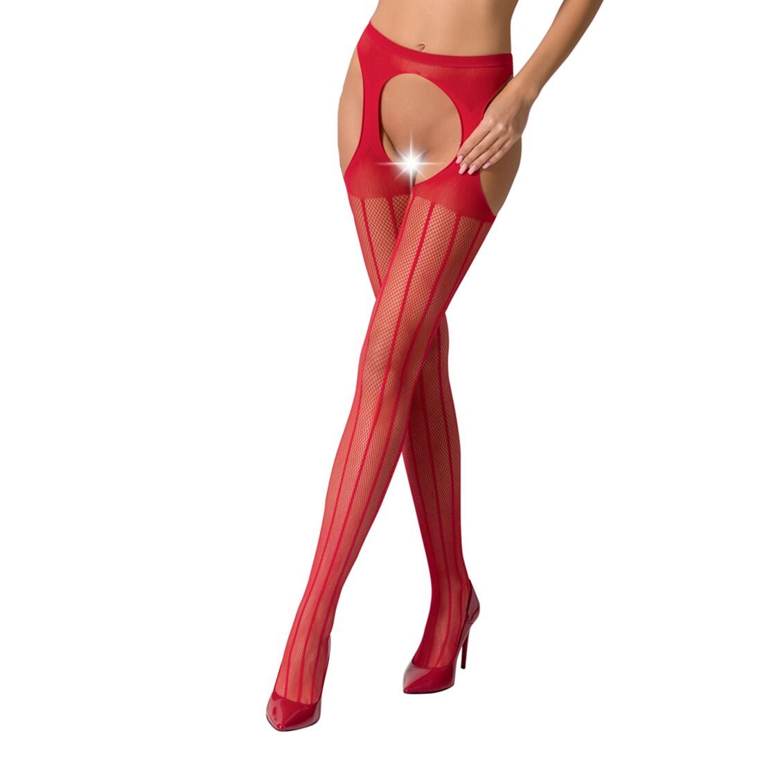 Сітчасті панчохи стокінги passion s018 one size, red, імітація пояса, сітка з вертикальними смужками Сітчасті панчохи стокінги passion s018 one size, red, імітація пояса, сітка з вертикальними смужками