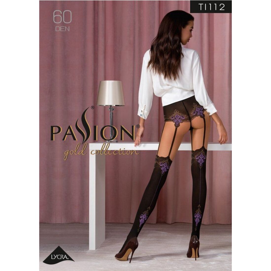 Колготки з ефектом панчох на підв'язках passion ti112 3/4 (60/20 den), nero violet